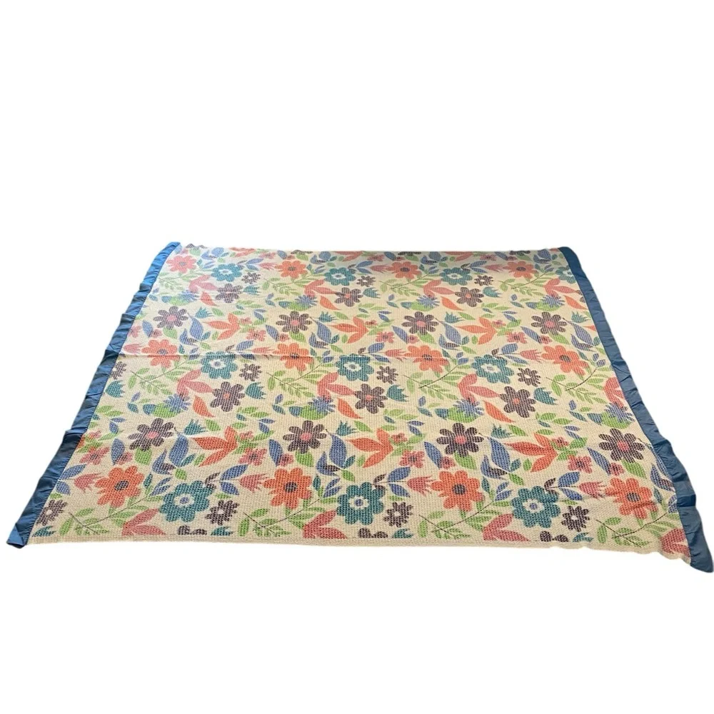 Vintage 60s 70s Floral Multicolor flower power print Blue Silky trim Blanket